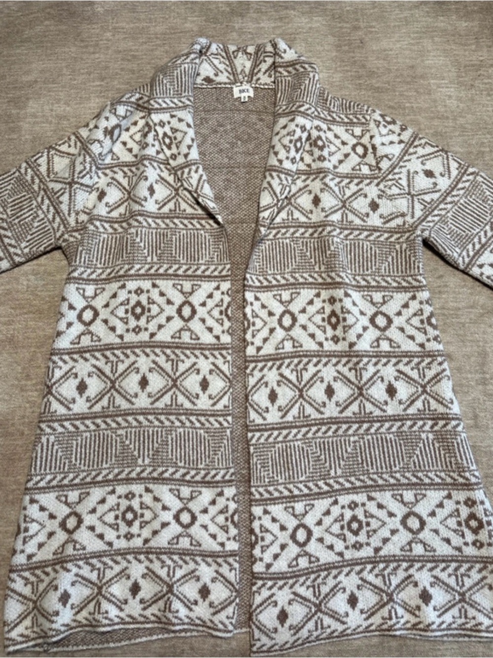 BKE Cream & Tan Patterned Open Cardigan